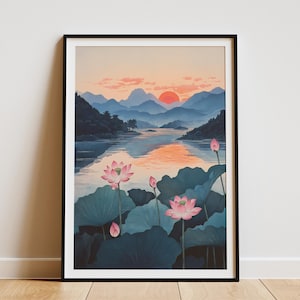 Lotus Teich Sonnenuntergang Landschaft Poster asiatisch Kunst Druck Japanisch Zen Garten Wand Dekor Serene Natur Szene Ruhige Seerose Botanische