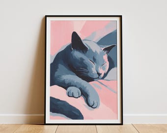 Russian Blue Cat Sleeping Wall Art Print Matisse Style Pet Portrait Modern Feline Painting for Home Decor Serene Blue Cat Pink Abstract Art