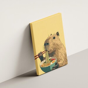 Cute Capybara Eating Ramen Noodles with Chopsticks Humorous Animal Wall Art Print for Kitchen Decor Unique Foodie Illustration Poster Gift image 3