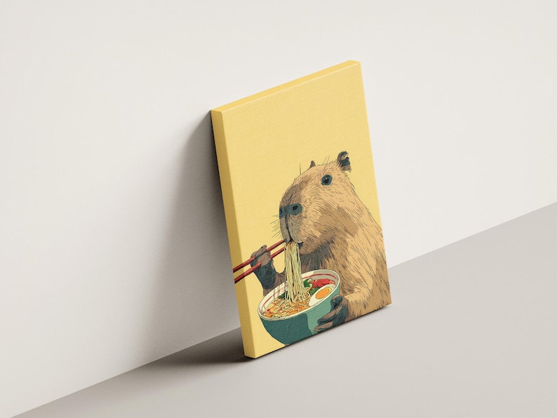 Cute Capybara Eating Ramen Noodles with Chopsticks Humorous Animal Wall Art Print for Kitchen Decor Unique Foodie Illustration Poster Gift image 3