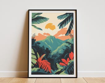 Tropical Sunset Mountain Landscape Poster Print Botanical Wall Art Summer Vacation Decor Modern Minimalist Home Decor Nature Illustration