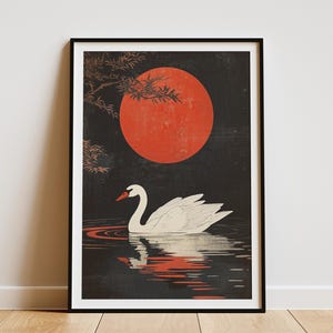 Póster de Lago de los Cisnes, Impresión de Cisne a la Luz de la Luna, Arte Chino, Arte Tradicional Asiático, Arte de Pared de Naturaleza, Paisaje Sereno, Arte Elegante de Aves, Póster de Papel
