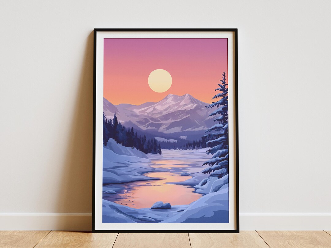 Icefield Sunset Winter Landscape Art Print Snowy Mountain River Scene ...