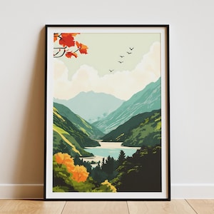 Sikkim Indien Natur Poster Wohnung Illustration Landschaft Druck Grün Berge See Vögel Herbst Blätter Moderne minimalistische Kunst Wohnkultur