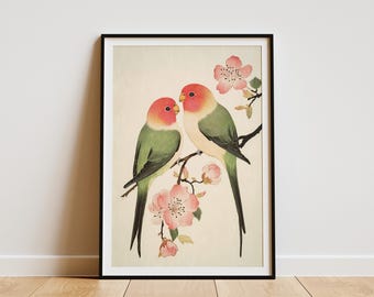 Romantische Lovebirds auf Ast Poster Blühende Kirschblüte Vogel Druck Valentinstag Geschenk Elegant Wohnkultur Pastell Rosa Grün Vogel Art