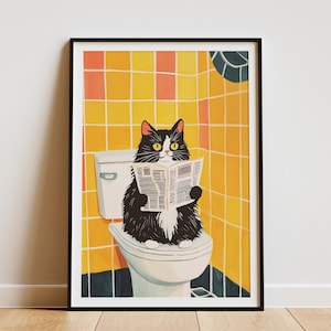 Lámina artística de gato del Bosque Noruego, arte divertido de gatos, gato en el inodoro, gato leyendo periódico, arte de baño, póster humorístico de gatos, regalo para amantes de los gatos