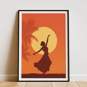 Hula Dancer Sunset Poster Hawaiian Art Print Vintage Travel Poster Tropical Wall Art Beach House Decor Island Art Vacation Souvenir Hawaii