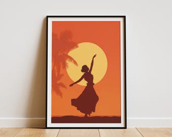 May include: Framed art print featuring a silhouette of a dancer with arms raised, set against a sunset backdrop. The artwork includes palm trees and a large yellow sun, creating a warm, tropical scene. The color palette consists of orange, yellow, and brown tones.