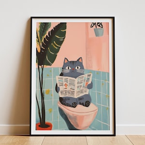 Impresión artística de gato británico de pelo corto, divertida decoración para el baño, póster de gato leyendo periódico, regalo peculiar para amantes de los gatos, humor sobre el inodoro, arte de pared, gato en el inodoro