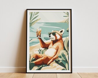Red Panda Beach Poster Cool Animal Art Print Summer Vibes Tropical Red Panda Illustration Relaxing Coastal Scene Wildlife Poster Gift