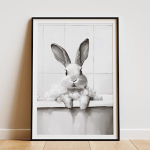Rabbit in Bathtub Poster Bathroom Wall Art Bunny Bubble Bath Print Minimalist Animal Art Nursery Decor Cute Rabbit Art Modern Home Decor