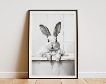 Rabbit in Bathtub Poster Bathroom Wall Art Bunny Bubble Bath Print Minimalist Animal Art Nursery Decor Cute Rabbit Art Modern Home Decor