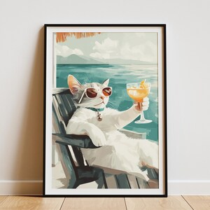 Póster de cóctel de playa de verano con un gato genial, impresión, arte divertido con gatos, regalo para amantes de los gatos domésticos de pelo corto, decoración de vacaciones de verano, póster elegante con un gato lindo