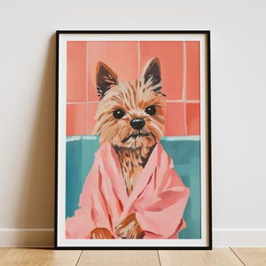 Chiot Yorkie en peignoir rose affiche art mural chien mignon impression chiot yorkshire terrier amateur de chien cadeau portrait animal art pépinière art animalier