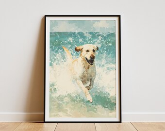 Happy Yellow Labrador Retriever Dog Splashing in Gentle Ocean Waves Beach Art Print Coastal Pet Wall Decor