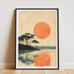 Japanischer Sonnenuntergang Landschaft Poster Minimalist Asiatisch Kunst Druck Ruhe Natur Szene Wand dekor Moderne Wohnkultur Serene Lake Poster Orange und