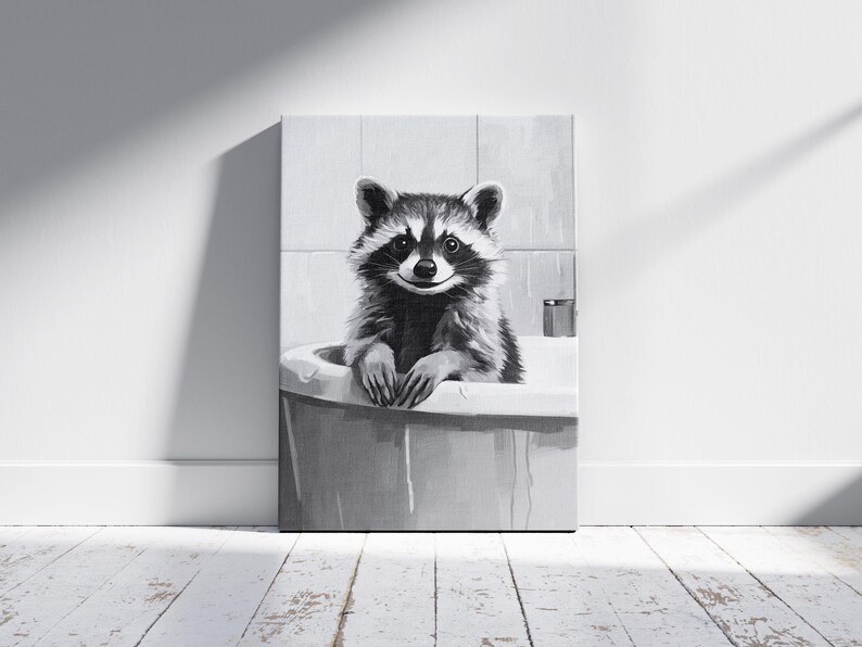 Raccoon Bathtub Poster Animal Art Print Funny Bathroom Decor Minimalist ...