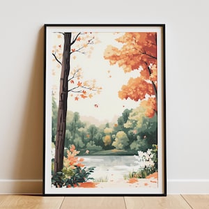 May include: A framed art print of a serene autumn landscape. The artwork depicts a forest scene with a lake, featuring trees with orange and yellow foliage. The painting has a soft, watercolor style, with a black frame.