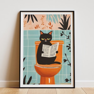 Impresión artística de gato Singapura leyendo periódico en el inodoro, regalo divertido para amantes de los gatos, decoración de pared para baño, decoración peculiar para el hogar