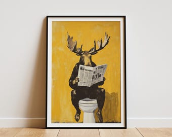 Moose on Toilet Reading Newspaper Painting Bathroom Art Print Funny Animal Poster Modern Wall Decor Whimsical Art