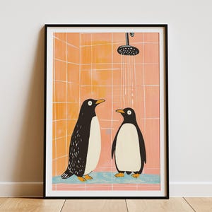 Süßer Pinguin Dusche Gemälde Gemälde Gouache Kunstdruck Badezimmer Dekor Rosa Orange Tier Poster Pinguin Liebhaber Geschenk