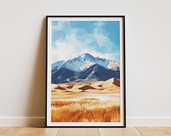 Great Sand Dunes National Park Poster Colorado Reise Kunstdruck Berglandschaft Wand Kunst Wüste Wohnkultur Vintage Style Sanddünen Geschenk
