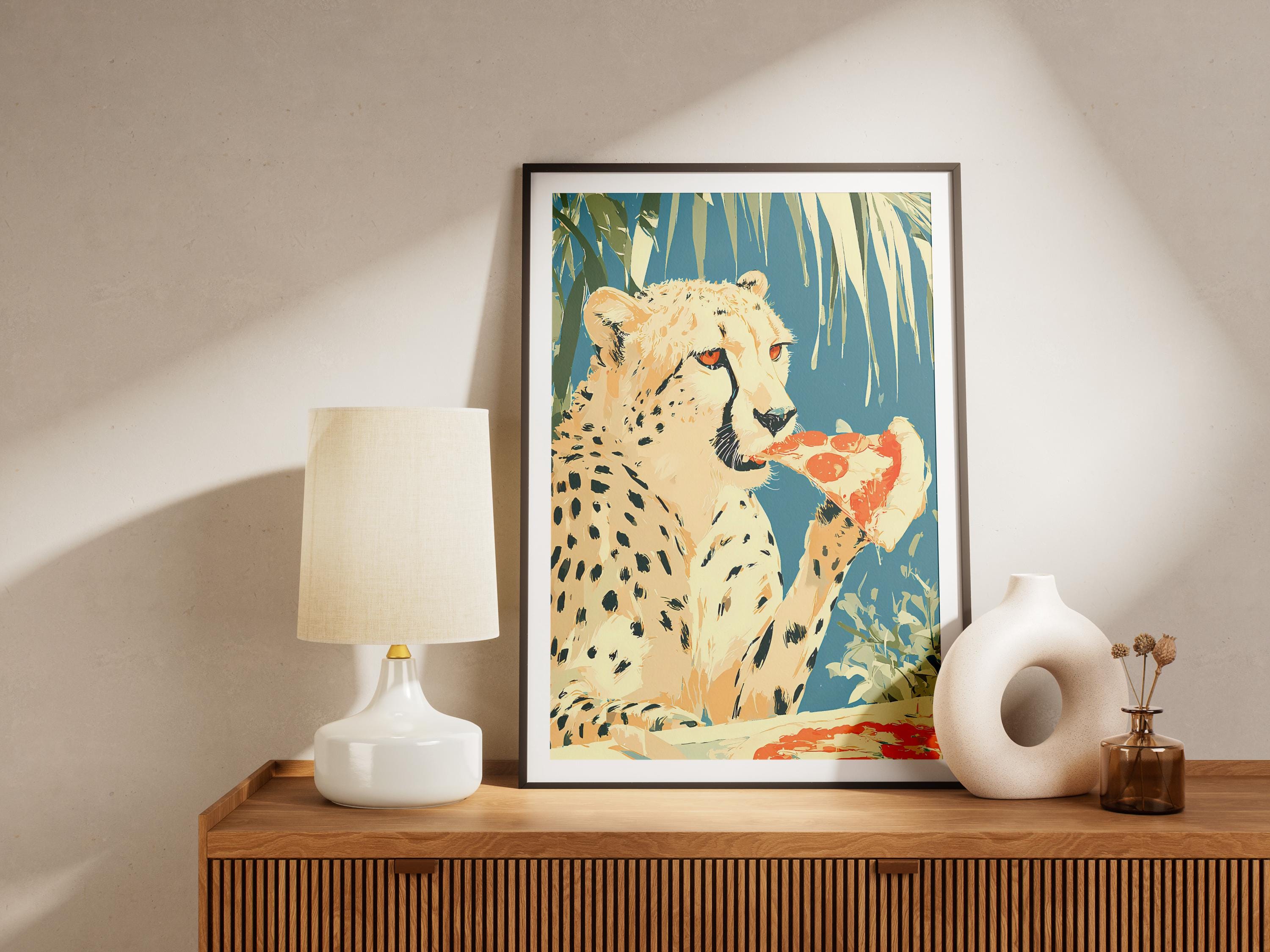 Humorous Cheetah Pizza Digital Art Print Funny Animal Eating Food