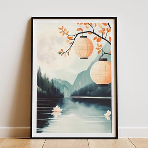 Póster de faroles de río iluminados por la luna, impresión artística asiática, decoración con faroles japoneses, faroles flotantes, paisaje tranquilo, decoración zen, arte de naturaleza serena y calma