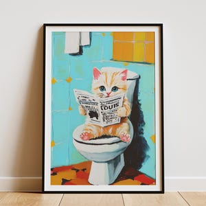Póster de periódico con gatito Ragdoll en el inodoro, impresión artística divertida de gato, decoración de baño, arte de pared de animales lindos, regalo para amantes de los gatitos, arte peculiar