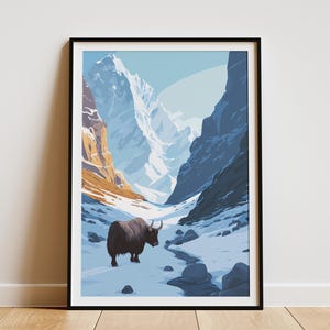Himalayan Yak Travel Poster Art Print Snowy Mountain Pass Wall Art Winter Landscape Decor Adventure Gift Idea Everest Region Decor