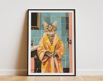 Bengal Cat Art Print Cat in Bathrobe Poster Humorous Animal Art Quirky Bathroom Decor Funny Cat Lover Gift Matisse Style Art Print