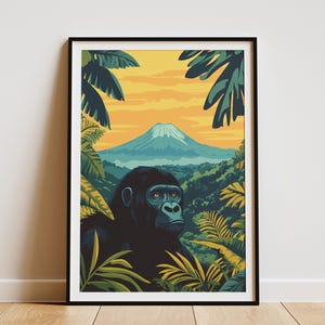 Impresión artística de gorila, póster del Parque Nacional de Virunga, vida salvaje del Congo, safari africano, jungla tropical, póster de viaje vintage, arte de la naturaleza, impresión animal