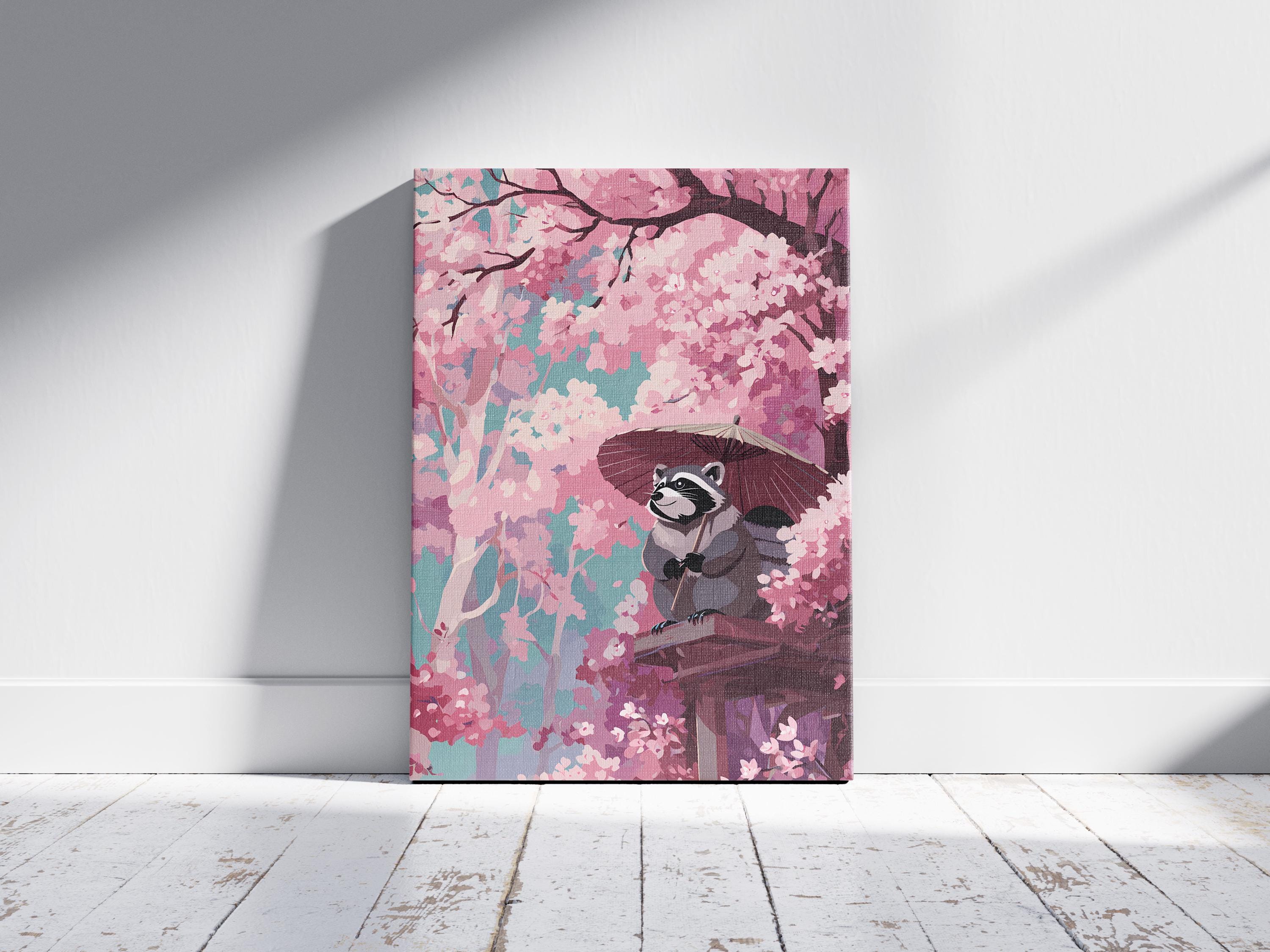 Whimsical Tanuki Cherry Blossom Travel Poster Print Adorable