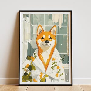 Shiba Inu Bathrobe Poster Bathroom Wall Art Dog Print Animal Lover Gift Funny Dog Art Japanese Dog Breed Pet Portrait Modern Art Print