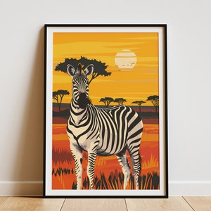 African Zebra Sunset Landscape Minimalist Art Print Animal Wall Decor Safari Poster