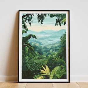 Costa Rica Monteverde Cloud Forest Poster Tropical Rainforest Illustration Nature Art Print Botanical Wall Decor Green Leaves Vacation Home
