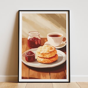 Cream Tea PosterAfternoon Tea Party PrintScone and JamTea Time DecorCozy Kitchen ArtBreakfast Food IllustrationVintage Style Bakery
