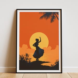 Hula Dancer Sunset Poster Hawaiian Art Print Vintage Travel Poster Tropical Wall Art Island Decor Hawaii Souvenir Hula Girl Print