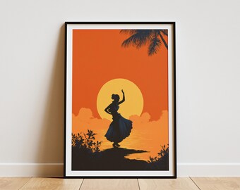 May include: Framed art print featuring a silhouette of a dancer against a sunset backdrop. The artwork showcases a vibrant orange sky, a large yellow sun, and a palm tree. The dancer is wearing a flowing blue dress.