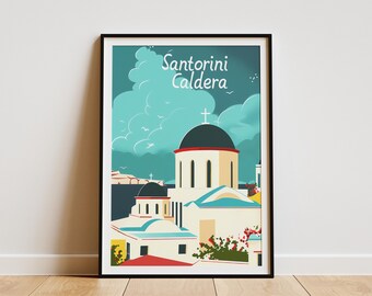 Santorini Grekland Illustration Tryck Minimalistisk Poster Modern Konst Reseposter Grekiska Öar Heminredning