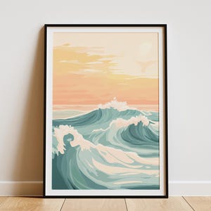 Póster de olas oceánicas, impresión abstracta en azul verdoso, verde y mar, arte de pared costero, decoración de playa de verano, obra de arte minimalista moderna, impresión de decoración del hogar