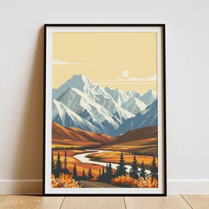 Alaska Denali National Park Poster Print Vintage Travel Poster Mid-Century Modern Nature Art