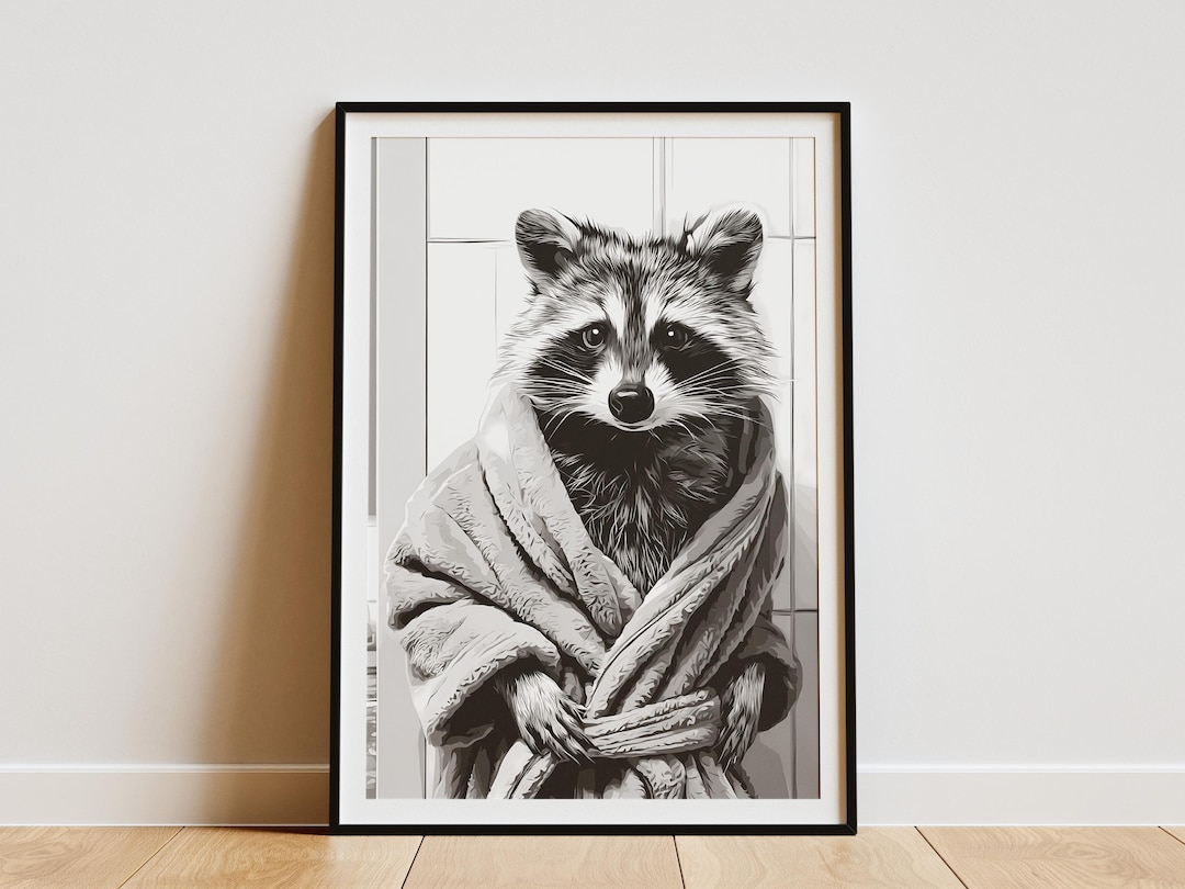 Chic Raccoon in Bathrobe Bathroom Art Print Black and White Animal ...