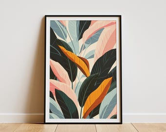 Tropical Leaf Poster Modern Minimalist Art Print Boho Wall Decor Green Orange Pink Home Decor