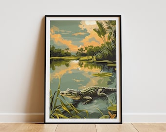 Everglades National Park Poster Vintage Travel Poster Alligator Swamp Nature Art Print Florida Wildlife Landscape Poster