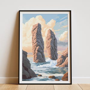Póster de acantilado de roca oceánica, impresión de olas marinas, arte de pared costero, decoración minimalista moderna para el hogar, pintura de paisaje abstracto, escena de mar en calma, vista al océano