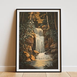 Impresión de póster de cascada de bosque, arte natural, cascada en el bosque, piscina, paisaje, arte de pared, decoración del hogar, impresión de arte moderno, escena de naturaleza tranquila
