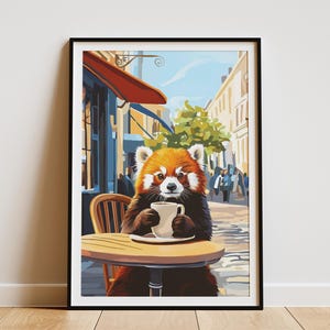 Póster de Panda Rojo para Cafetería, Impresión de Arte Animal, Regalo para Amantes del Café, Decoración de Pared Extravagante, Arte de Cafetería Acogedor, Póster Animal Único, Decoración del Hogar, Arte de Panda
