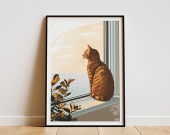 Orange Tabby Cat Windowsill Sunset Poster Modern Cat Art Print Cute Cat Lover Gift Animal Wall Decor Home Decor Orange Cat Illustration