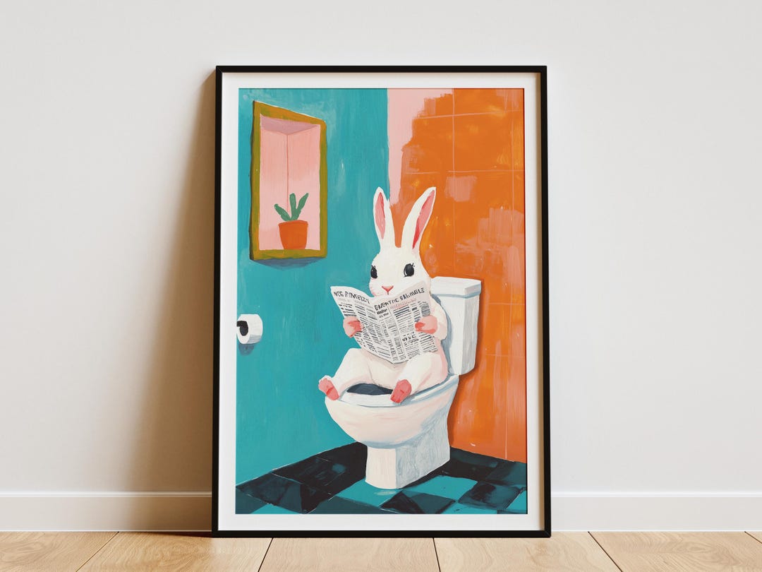 Toilet Simon Rabbit Funny Rabbit on Toilet Reading Newspaper Bathroom Wall Art Print Cute ...